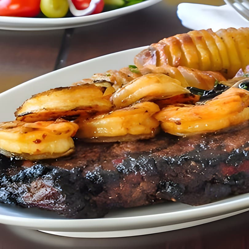 Grilled steak topped with golden fried plantains and a side of spiral-cut potatoes.