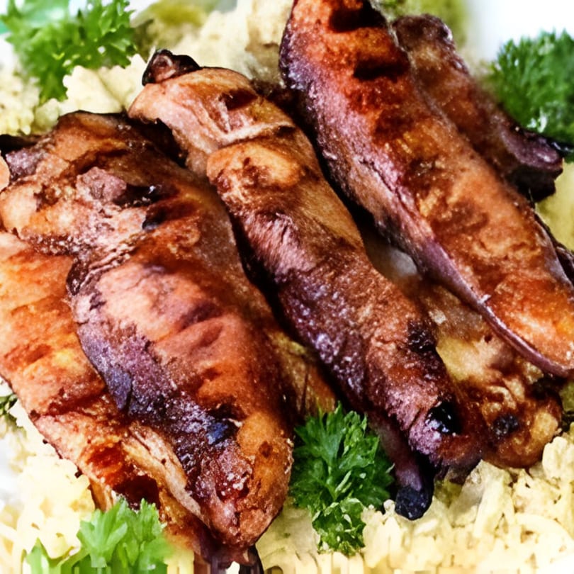 Grilled Latin American meat skewers with rice and parsley garnish, from Parrilla Latina.