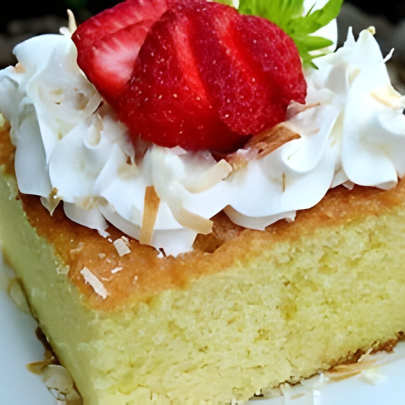 Slice of tres leches cake topped with whipped cream, strawberries, and toasted coconut flakes.