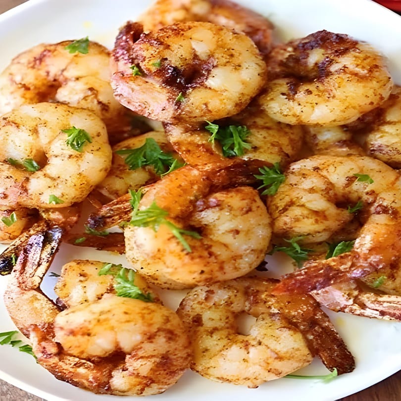 Close-up of seasoned, cooked shrimp garnished with fresh parsley on a white plate.