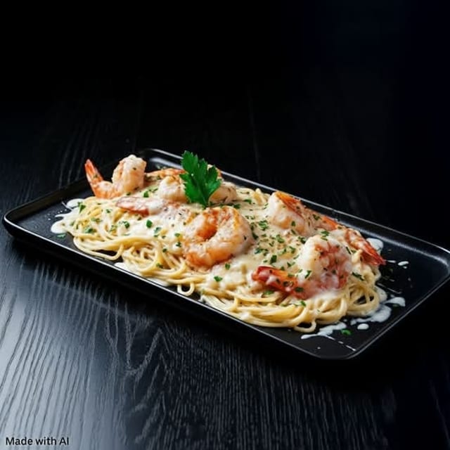 Camarones A Lamparmigiana Con Spagetti / Shrimp Parmigiana With Spagetti.